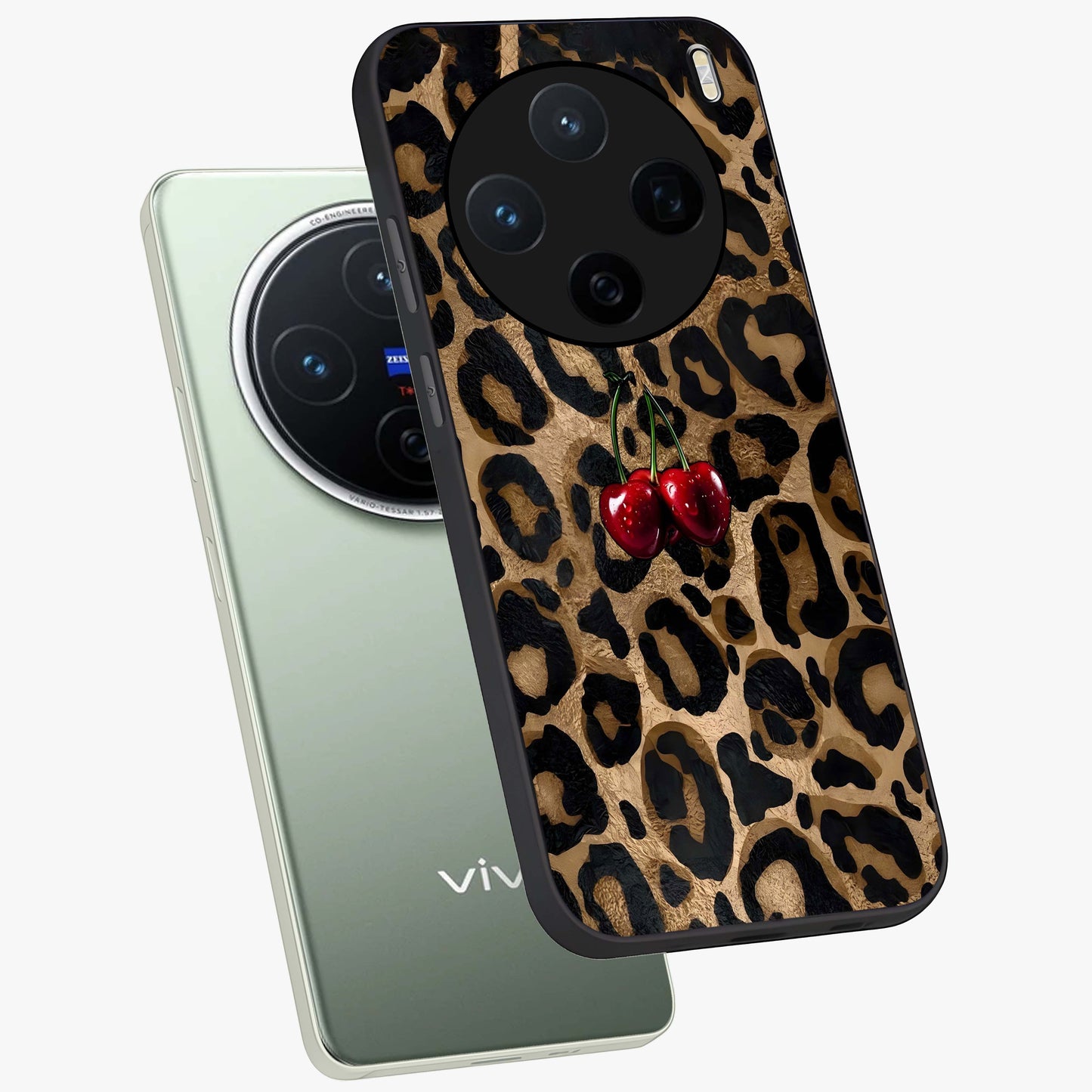 Leopard Wild Cherry Glass Case displayed in angled mockup highlighting bold animal print design with playful cherry aesthetic.