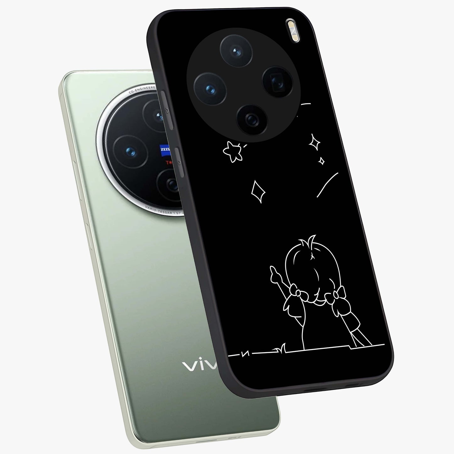 Line Art Girl With Shooting Stars Glass Case displayed in angled mockup highlighting elegant line art design with dreamy star aesthetic.