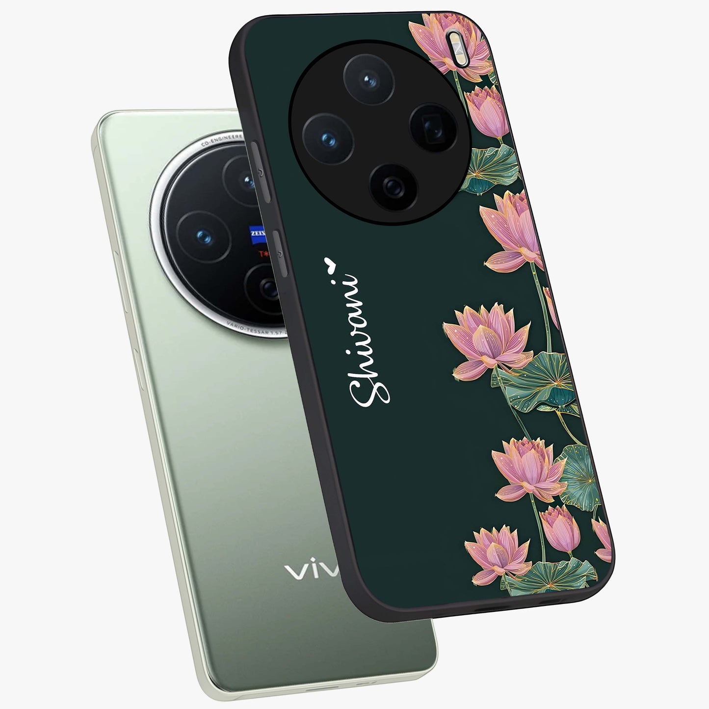Lotus Bloom Serenity Custom Name Glass Case displayed in angled mockup highlighting graceful lotus illustration with custom name feature.