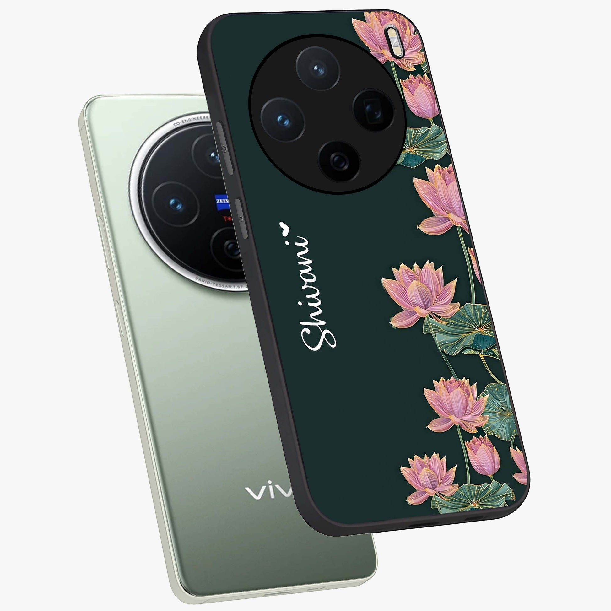 Lotus Bloom Serenity Custom Name Glass Case displayed in angled mockup highlighting graceful lotus illustration with custom name feature.
