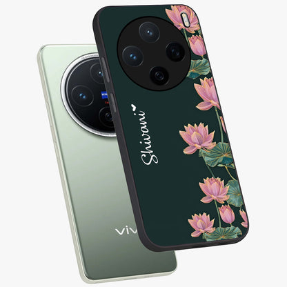 Lotus Bloom Serenity Custom Name Glass Case displayed in angled mockup highlighting graceful lotus illustration with custom name feature.