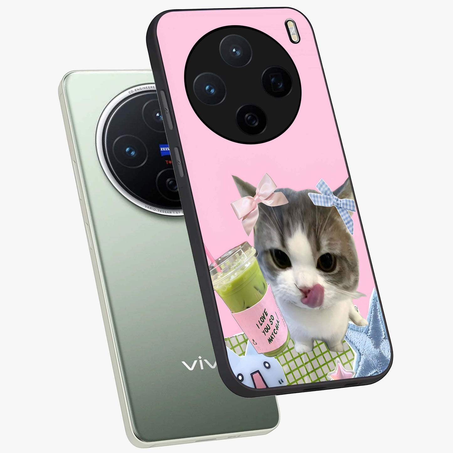 Love Matcha Cat Glass Case displayed in angled mockup highlighting playful feline illustration with cozy matcha aesthetic.