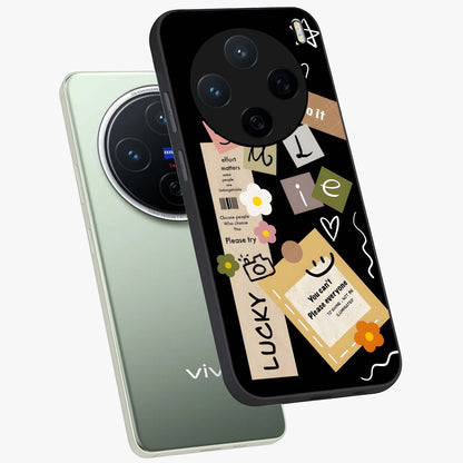 Lucky Aesthetic Collage Glass Case displayed in angled mockup highlighting stylish collage pattern with modern aesthetic vibe.