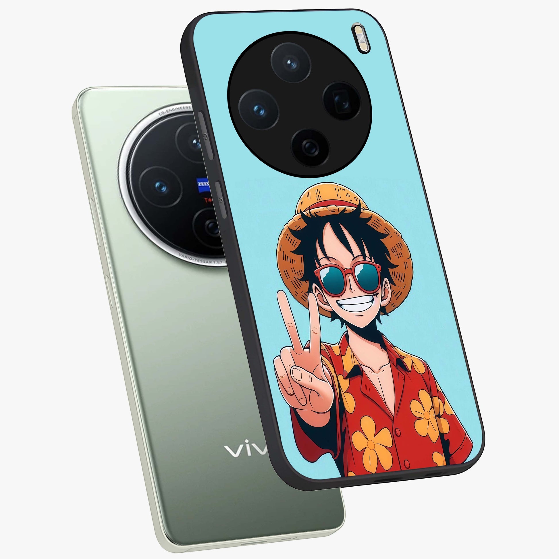 Luffy Summer Anime Vibe Glass Case displayed in angled mockup highlighting energetic anime illustration with summer vibe aesthetic.