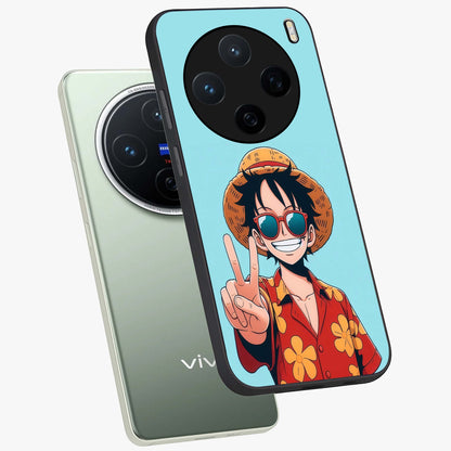 Luffy Summer Anime Vibe Glass Case displayed in angled mockup highlighting energetic anime illustration with summer vibe aesthetic.