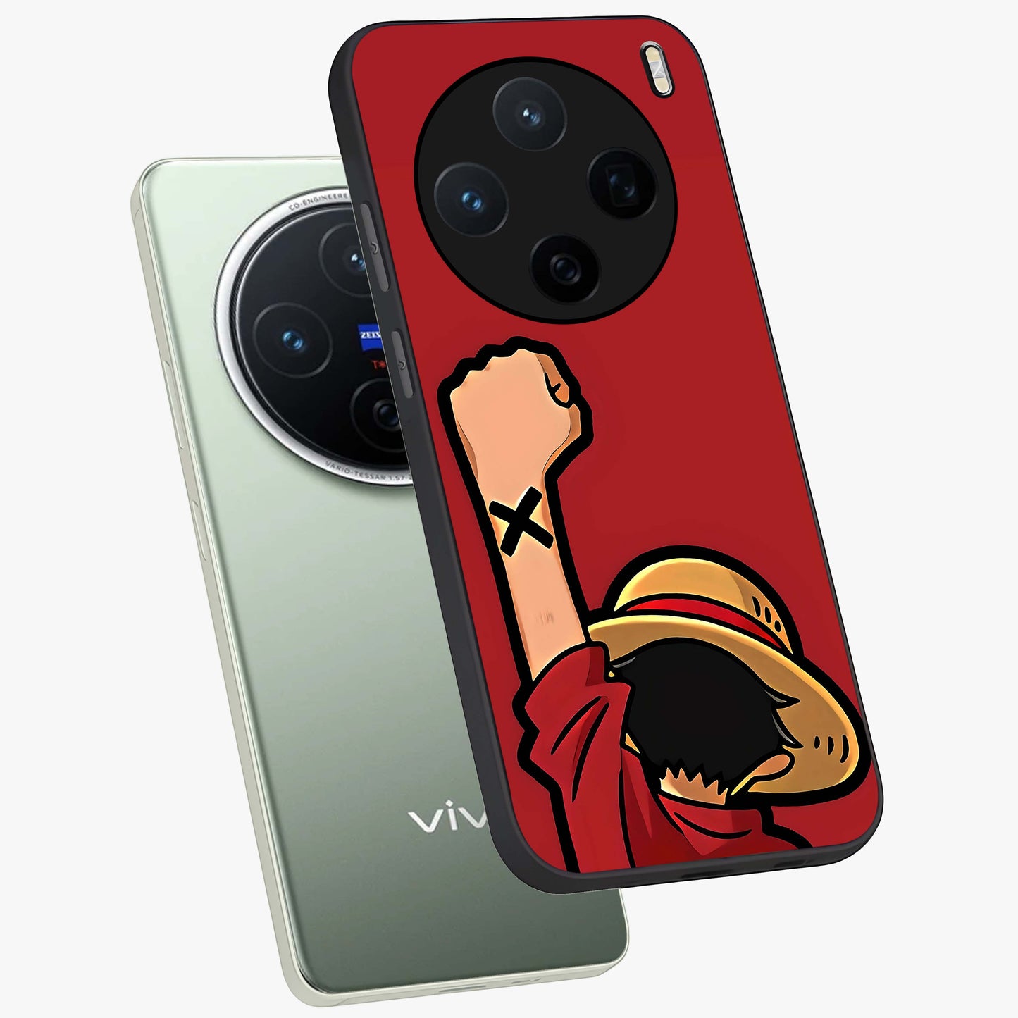 Luffy X Spirit Glass Case displayed in angled mockup highlighting powerful anime design with energetic action aesthetic.