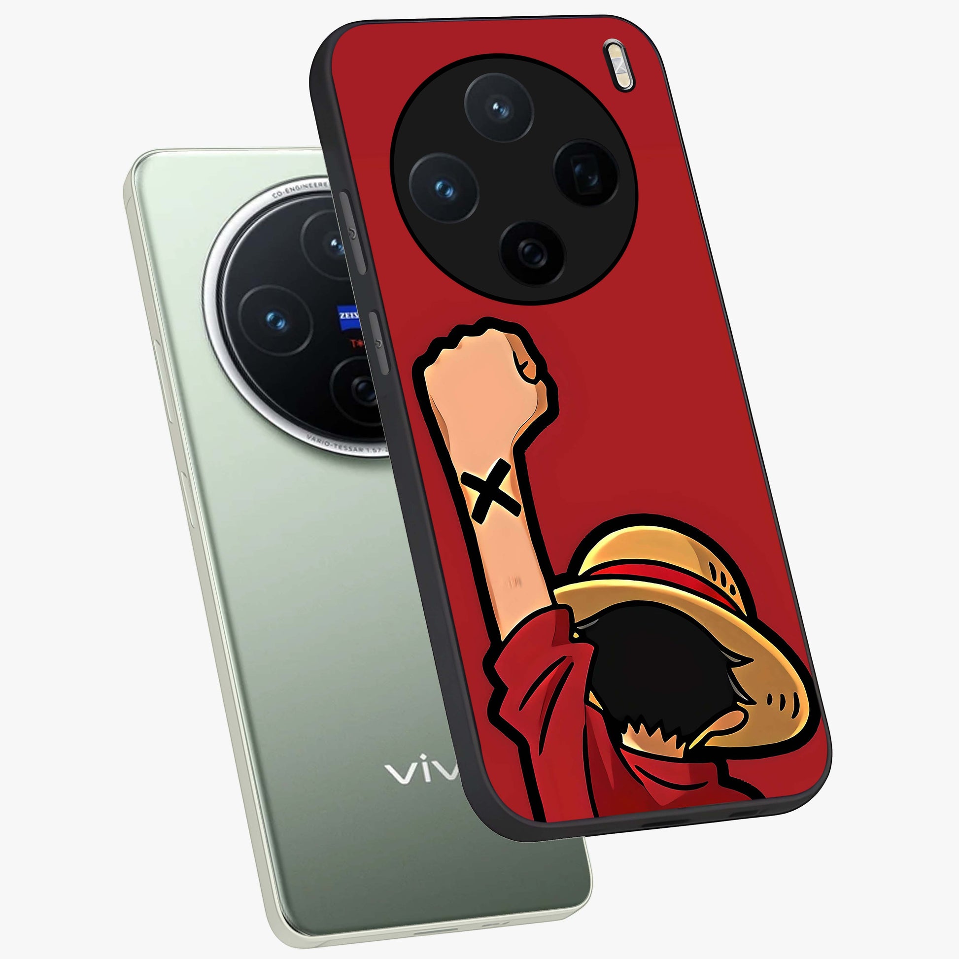 Luffy X Spirit Glass Case displayed in angled mockup highlighting powerful anime design with energetic action aesthetic.