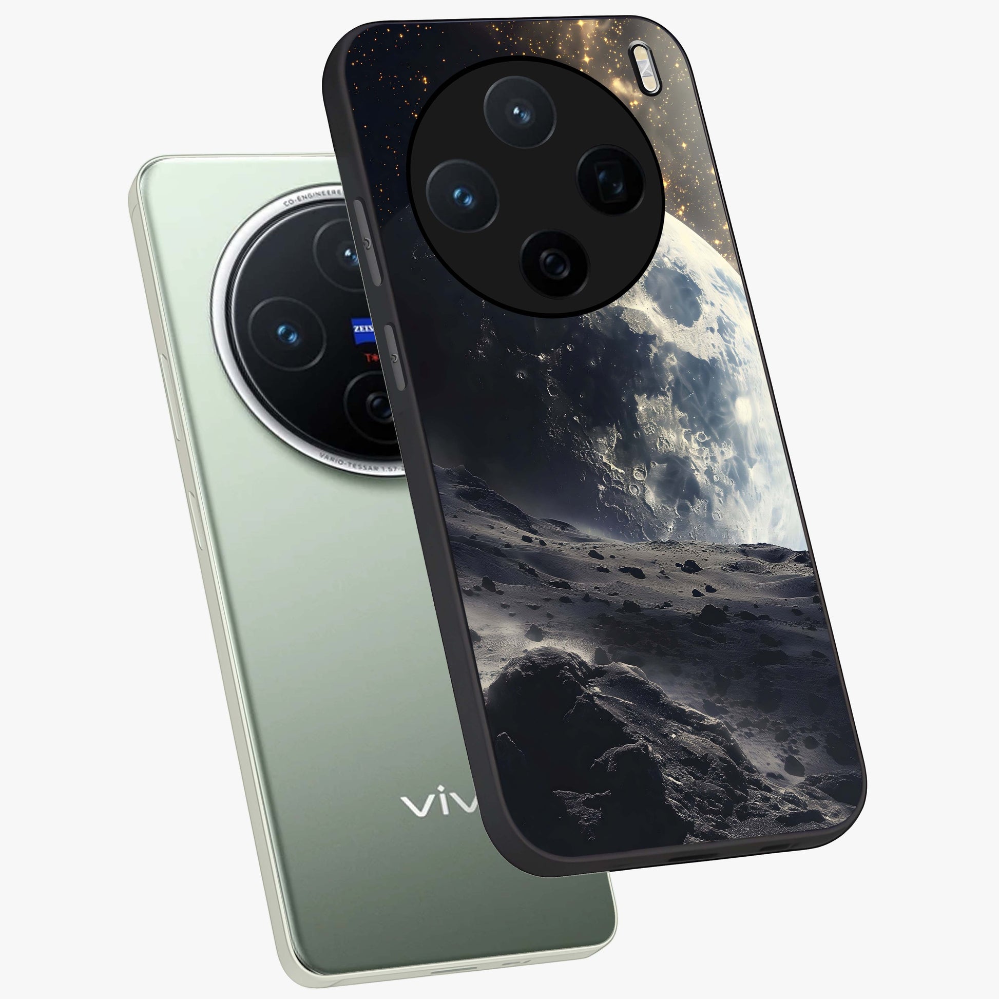 Lunar Horizon Glow Glass Case displayed in angled mockup highlighting celestial moon design with dreamy night aesthetic.