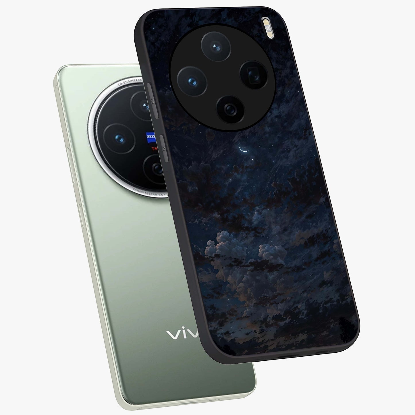 Lunar Veil Silence Glass Case displayed in angled mockup highlighting soft lunar design with peaceful celestial aesthetic.