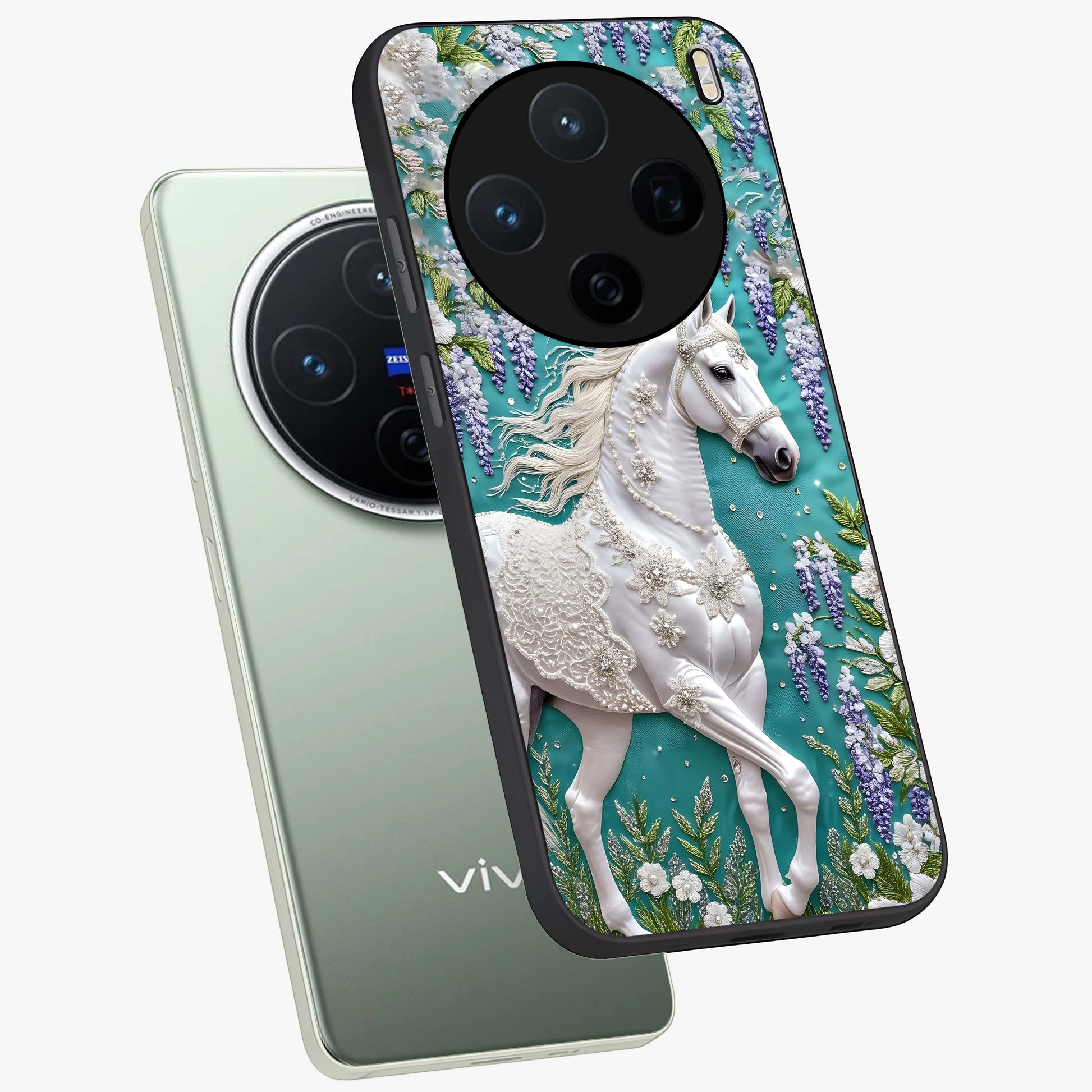 Majestic Floral Stallion Glass Case displayed in angled mockup highlighting majestic stallion illustration with elegant floral aesthetic.