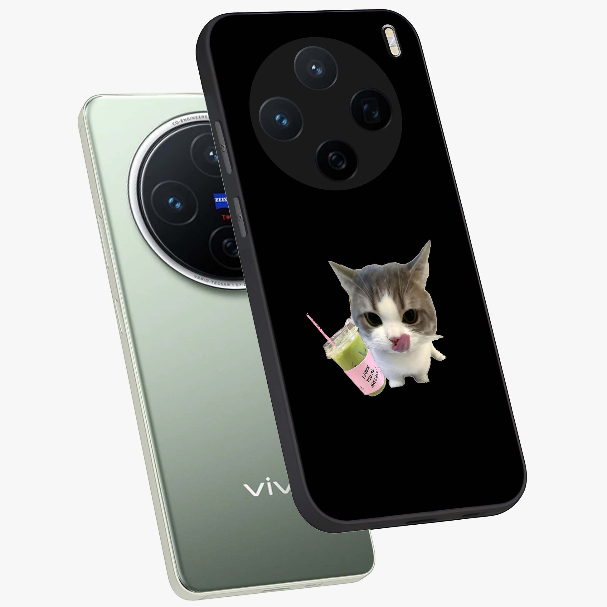Matcha Cat Style Glass Case displayed in angled mockup highlighting playful feline design with pastel matcha aesthetic.