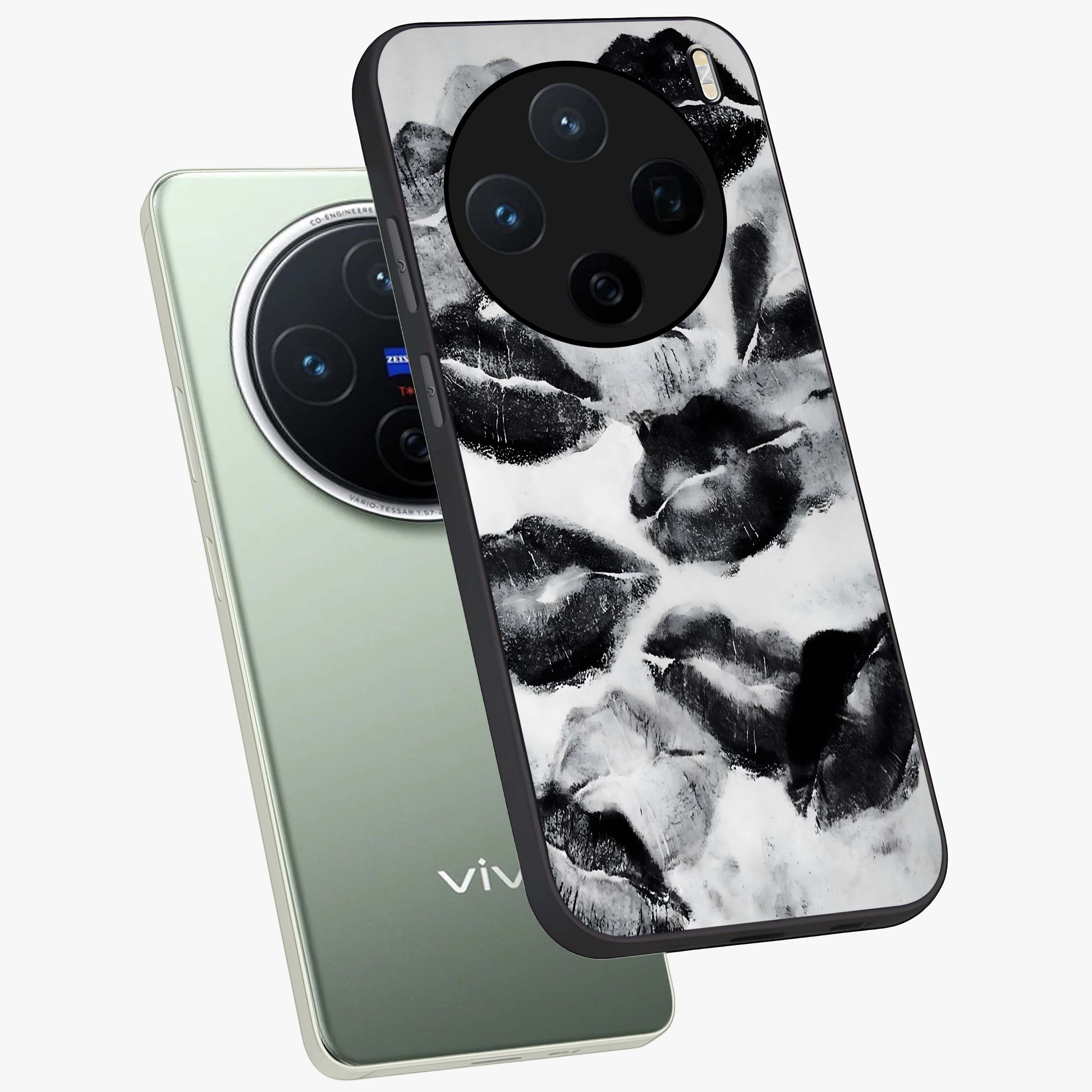 Midnight Kiss Marks Glass Case displayed in angled mockup highlighting playful romantic design with bold midnight aesthetic.