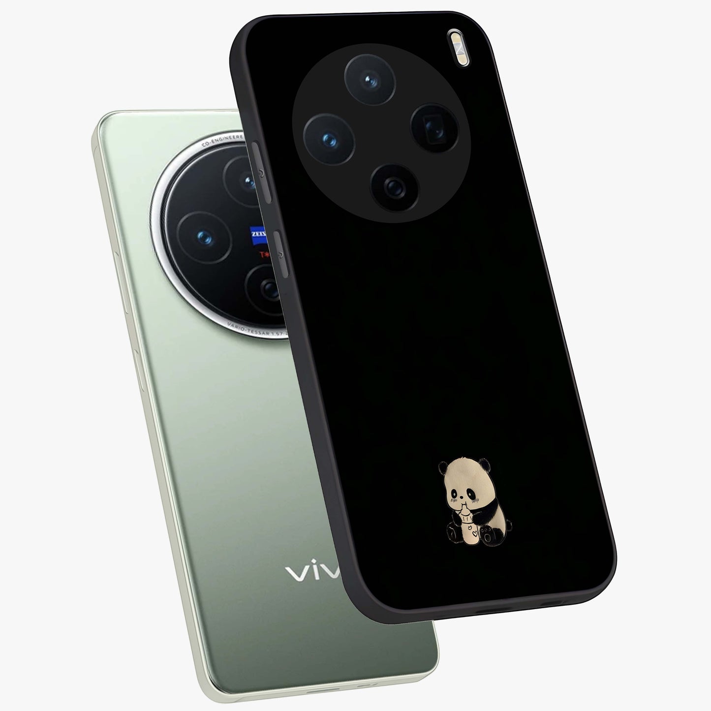 Midnight Panda Love Glass Case displayed in angled mockup highlighting adorable panda illustration with midnight aesthetic.