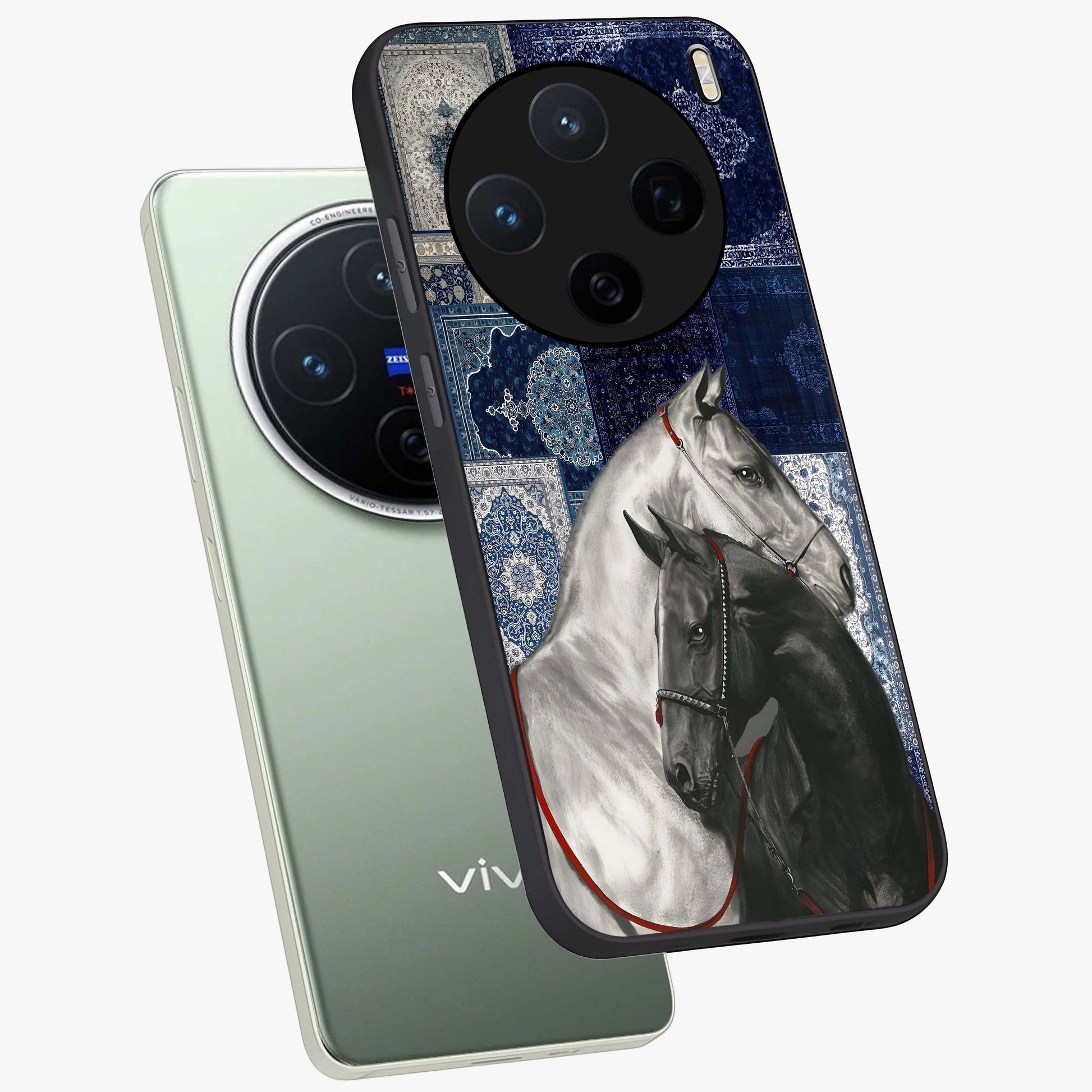 Midnight Stallion Blues Glass Case displayed in angled mockup highlighting powerful stallion illustration with deep midnight tones.