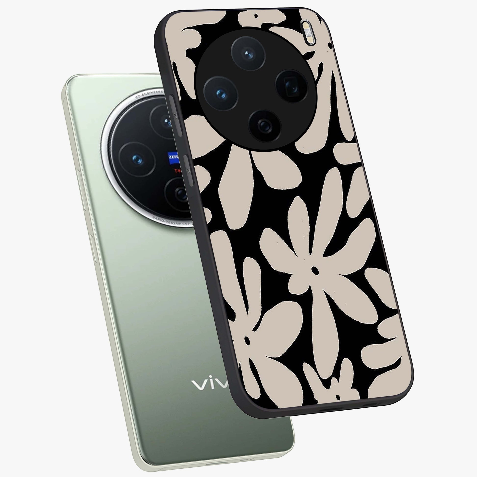 Monochrome Petal Dance Glass Case displayed in angled mockup highlighting elegant petal design with black and white aesthetic.