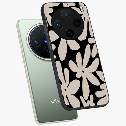 Monochrome Petal Dance Glass Case displayed in angled mockup highlighting elegant petal design with black and white aesthetic.