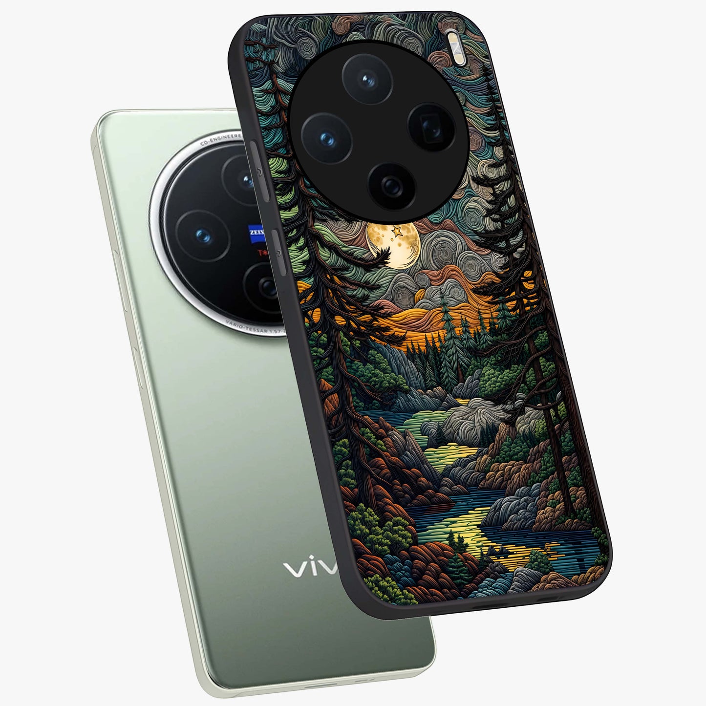Moonlight Forest Dream Glass Case displayed in angled mockup highlighting dreamy forest design with glowing moon aesthetic.