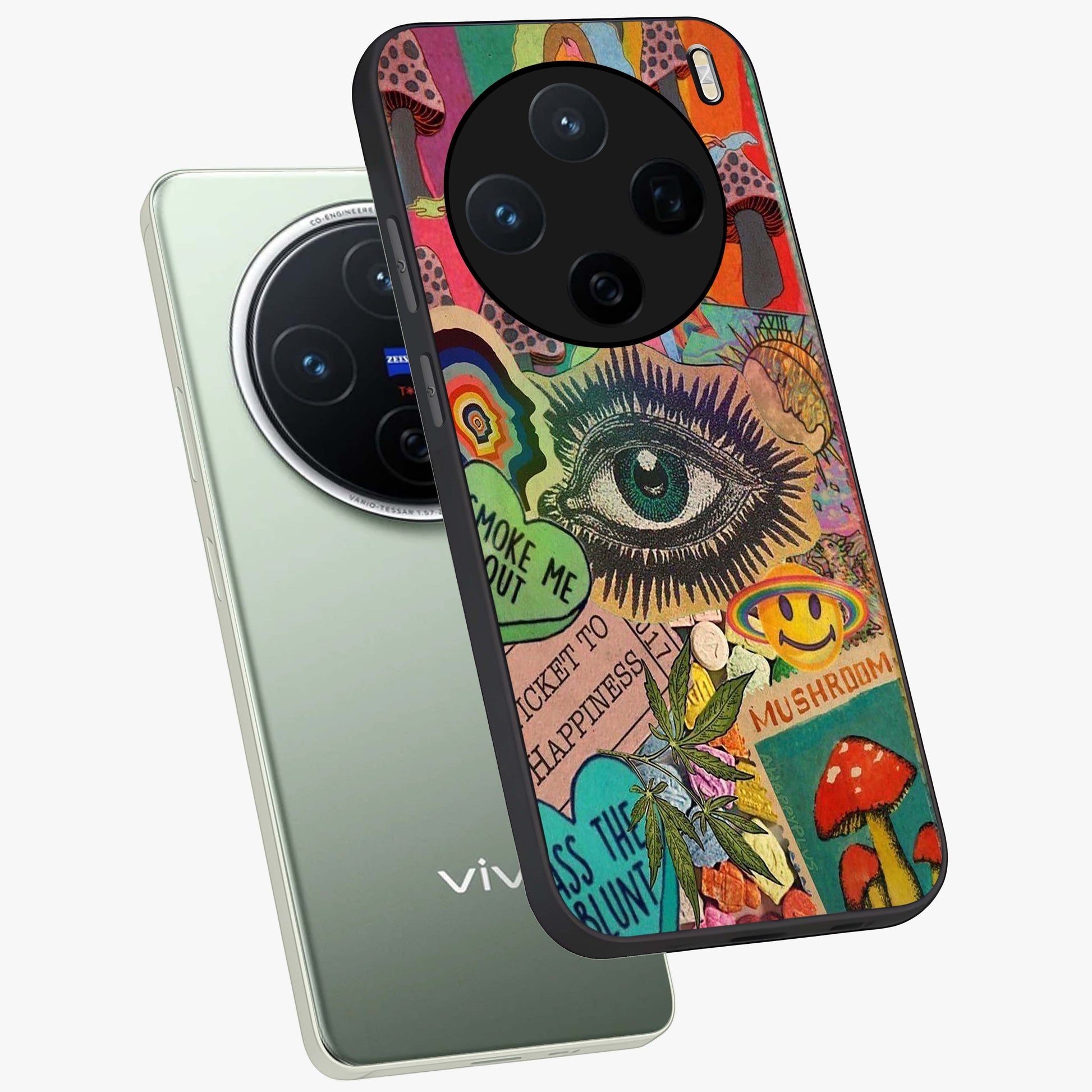 Mystic Eye Wonderland Glass Case displayed in angled mockup highlighting magical eye illustration with dreamy aesthetic.