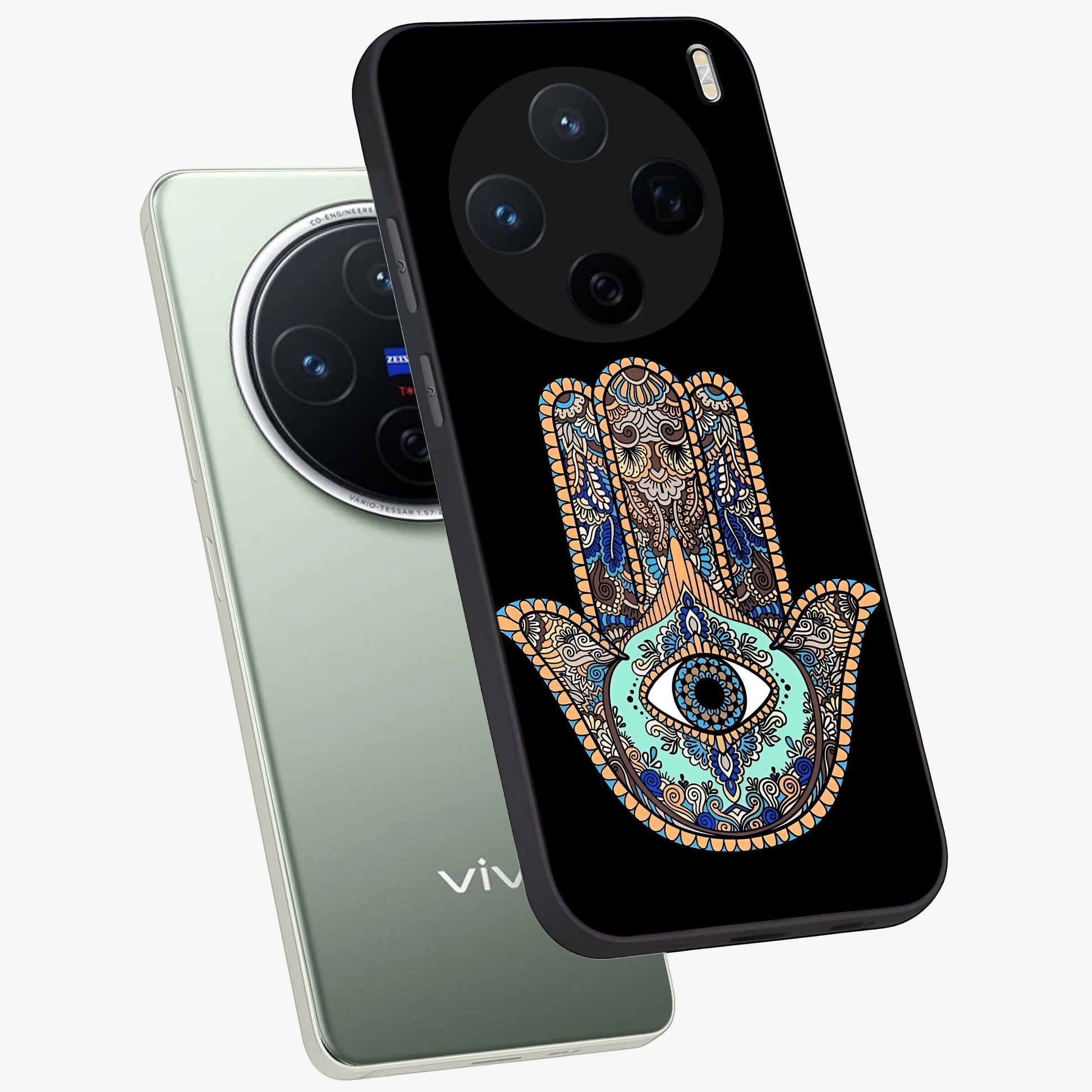 Mystic Hamsa Eye Glass Case displayed in angled mockup highlighting spiritual hamsa symbol with mystical aesthetic style.