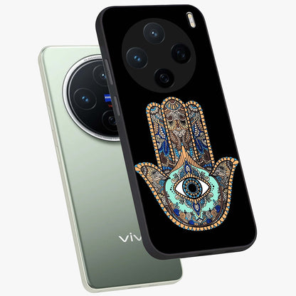 Mystic Hamsa Eye Glass Case displayed in angled mockup highlighting spiritual hamsa symbol with mystical aesthetic style.