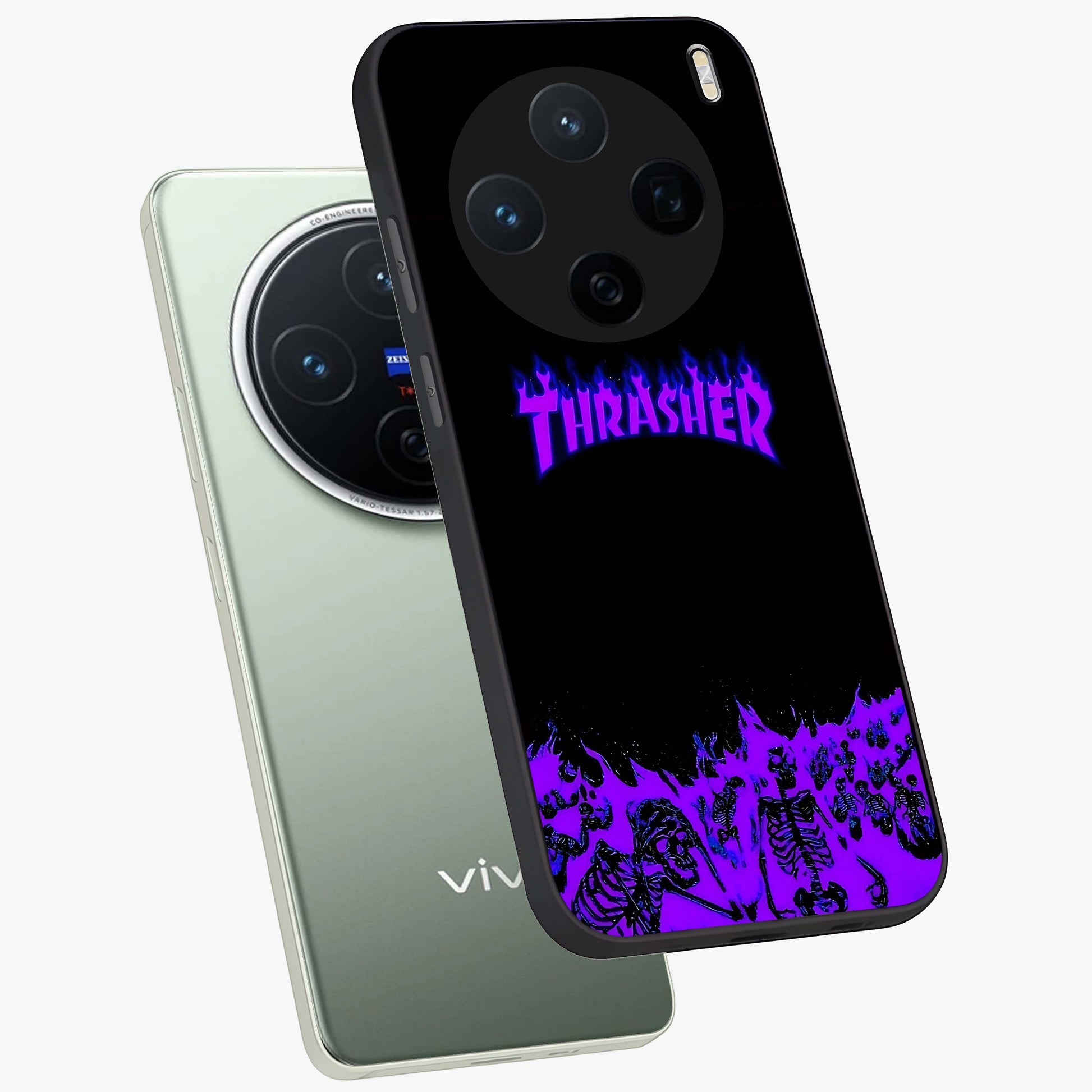 Neon Flame Riot Glass Case displayed in angled mockup highlighting glowing flame design with vibrant neon aesthetic.