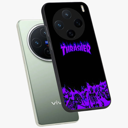 Neon Flame Riot Glass Case displayed in angled mockup highlighting glowing flame design with vibrant neon aesthetic.