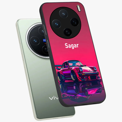 Neon Pink Porsche Glass Case displayed in angled mockup highlighting sleek neon pink car design with racing aesthetic.