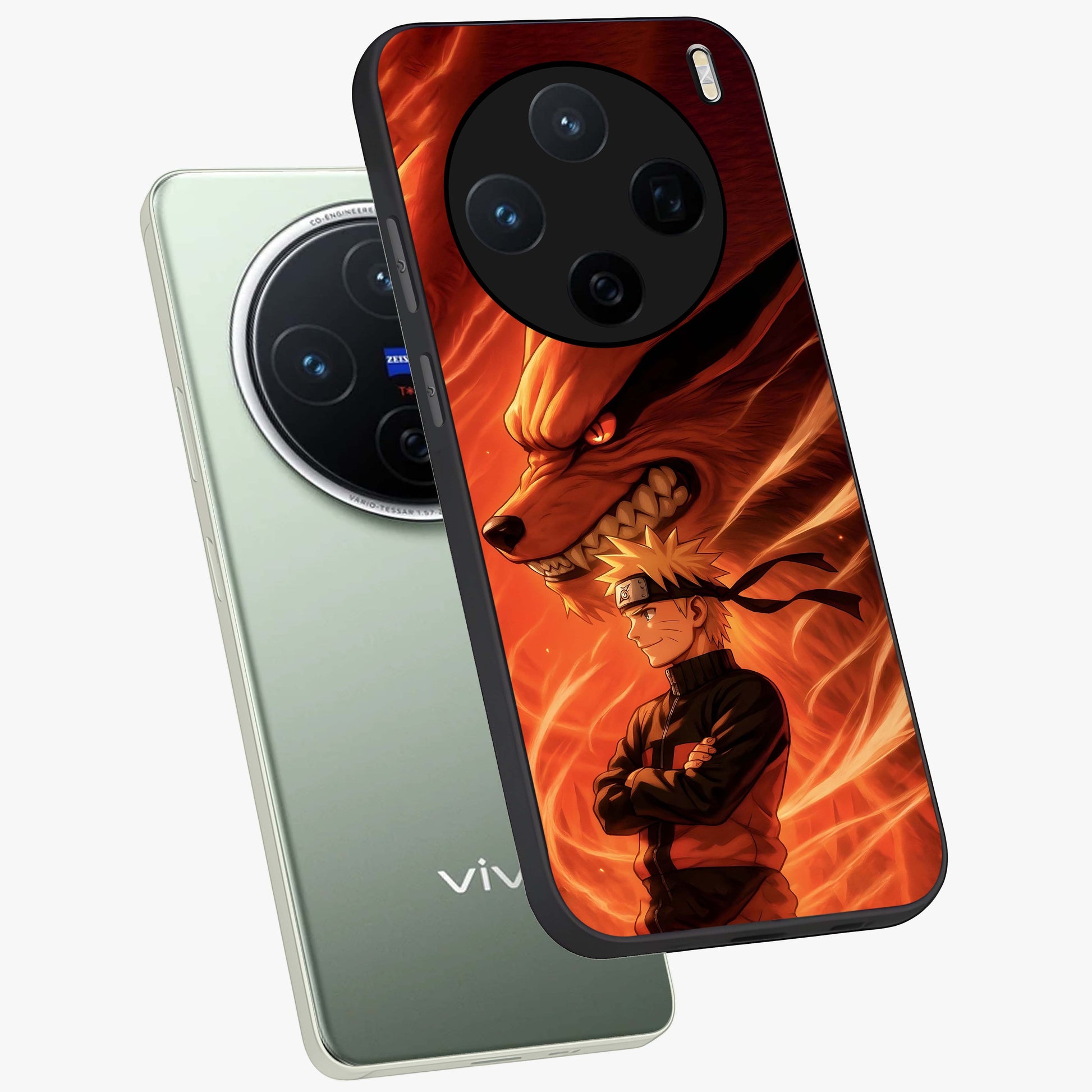 Nine Tails Legacy Glass Case displayed in angled mockup highlighting dynamic anime beast illustration with bold mystical aesthetic.