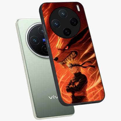 Nine Tails Legacy Glass Case displayed in angled mockup highlighting dynamic anime beast illustration with bold mystical aesthetic.