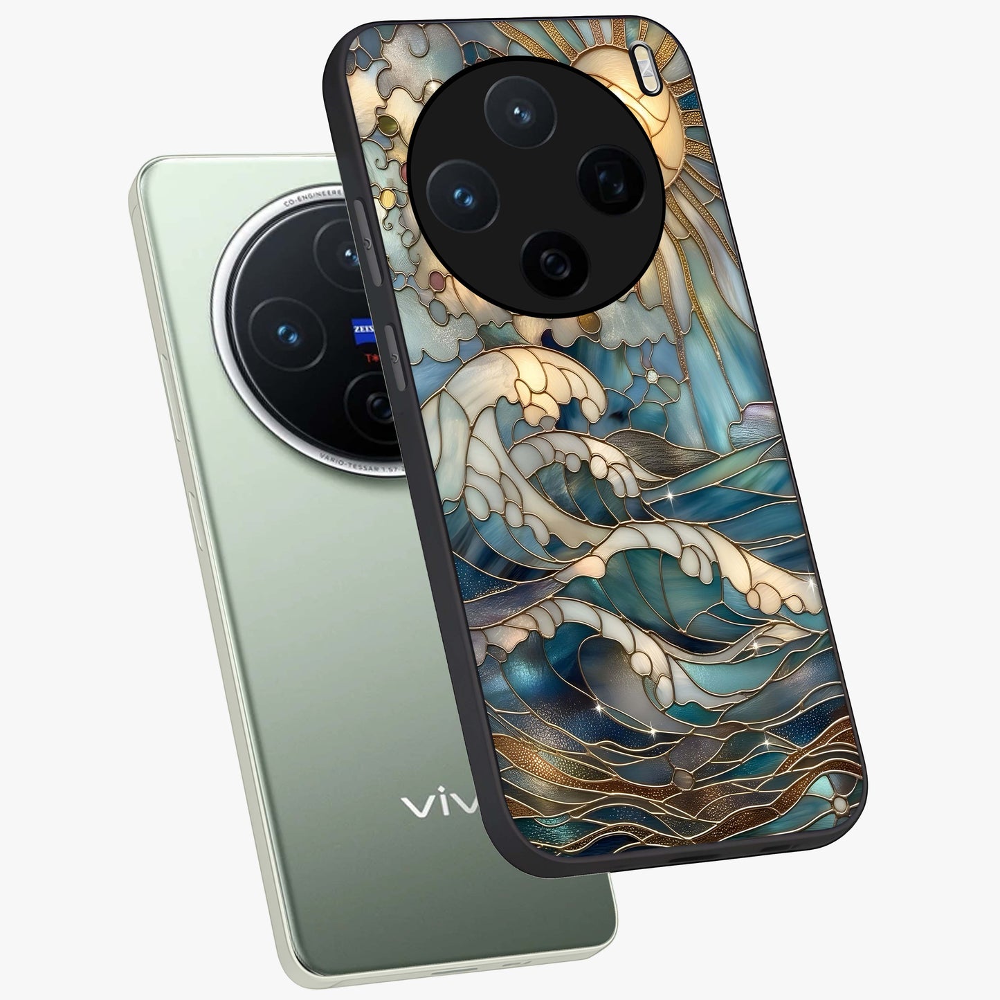 Oceanic Stained Printed Glass Case displayed in angled mockup highlighting colorful aquatic design with artistic aesthetic style.