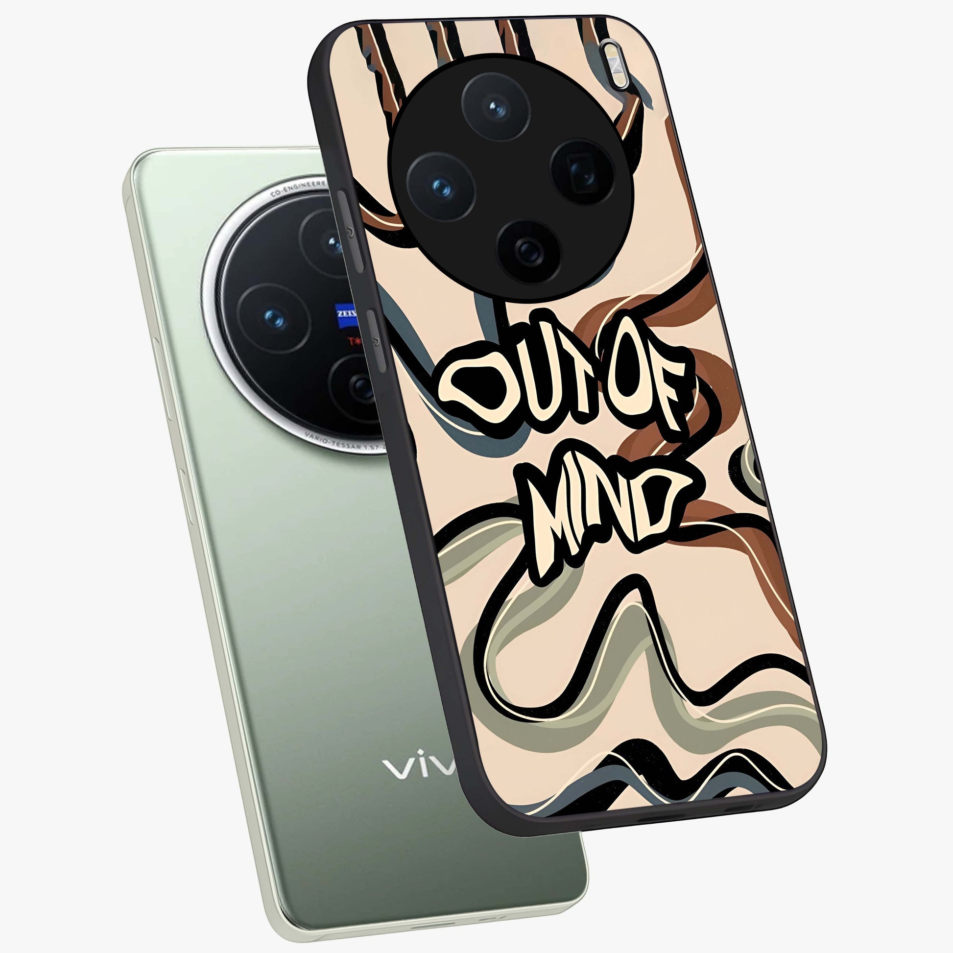 Out Of Mind Glass Case displayed in angled mockup highlighting bold statement design with modern artistic aesthetic.
