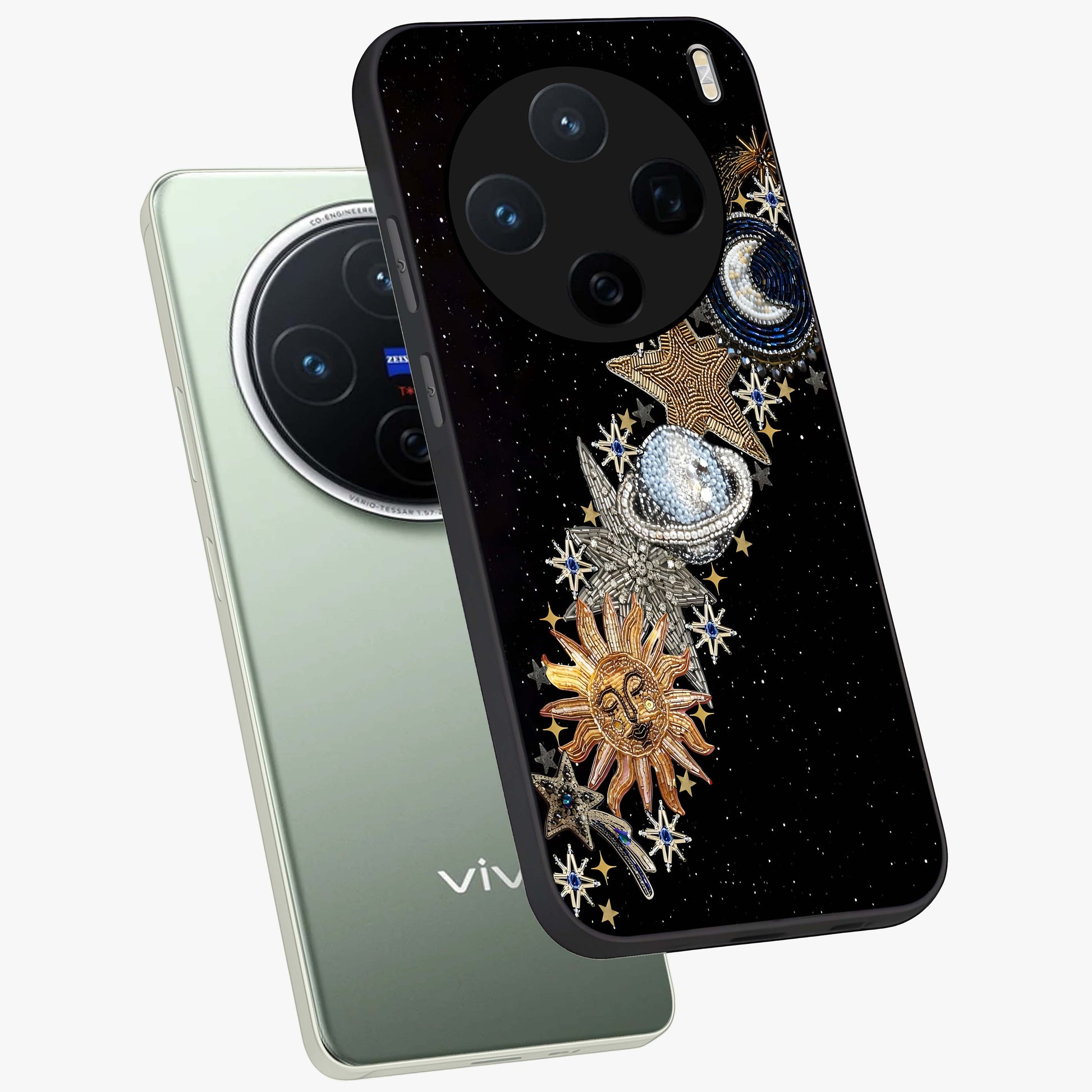 Pearls Universe Object Glass Case displayed in angled mockup highlighting celestial pearl design with dreamy aesthetic.