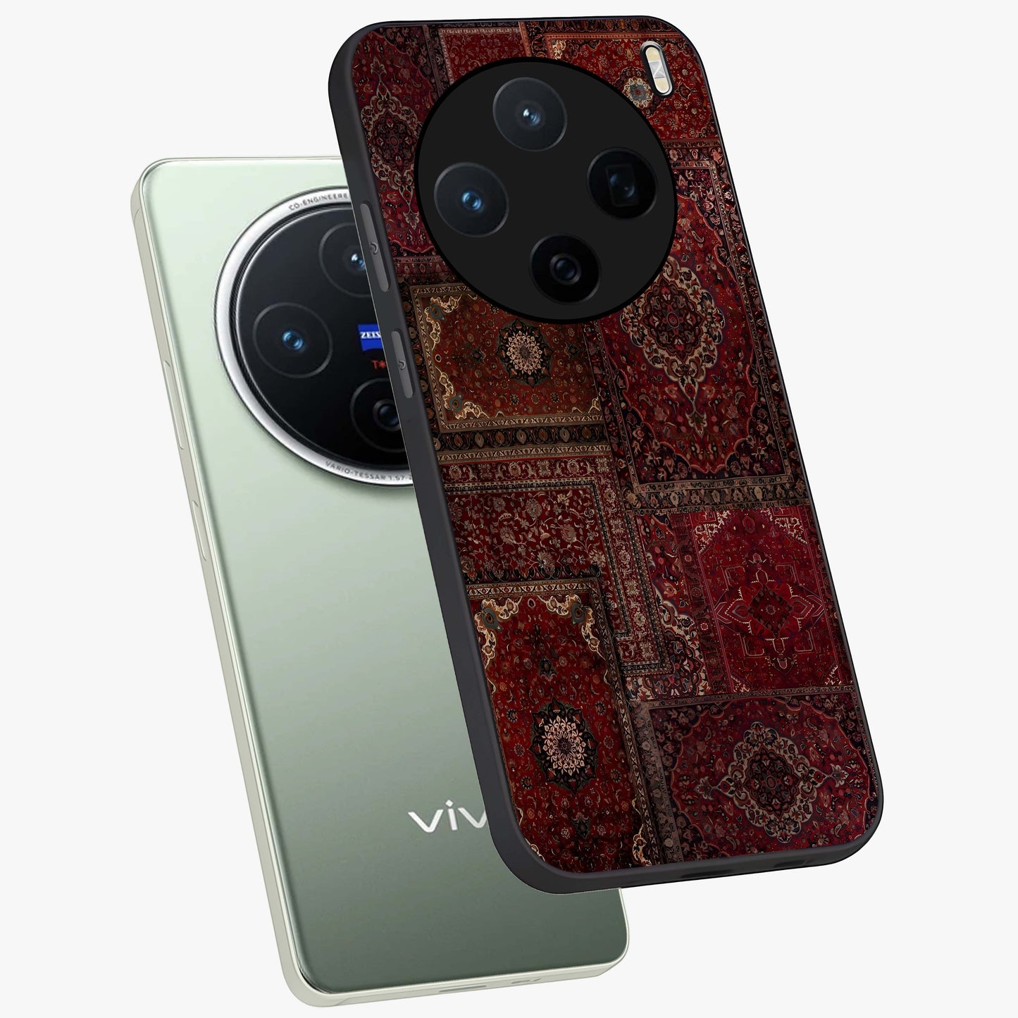 Persian Velvet Tale Glass Case displayed in angled mockup highlighting ornate textile inspired design with royal aesthetic.