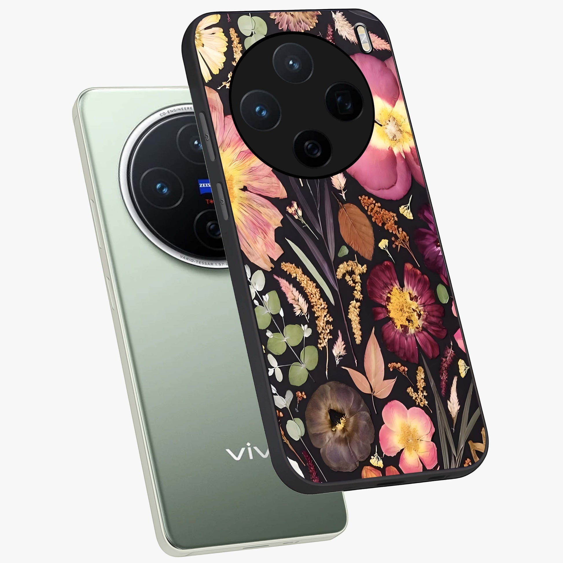 Petal Dream Tapestry Glass Case displayed in angled mockup highlighting decorative petal pattern with elegant botanical aesthetic.