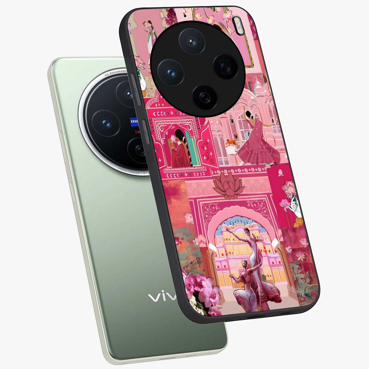 Pink Palace Muse Glass Case displayed in angled mockup highlighting dreamy palace illustration with soft pink aesthetic.