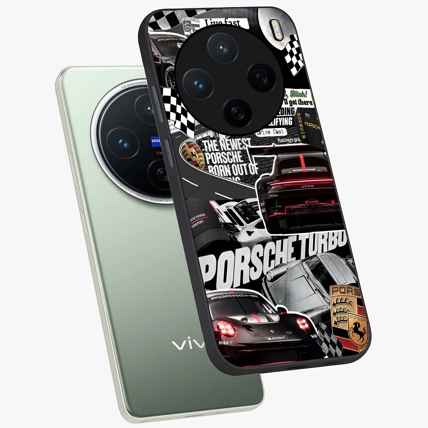 Porsche Racing Collage Glass Case displayed in angled mockup highlighting dynamic automotive design with bold racing aesthetic.
