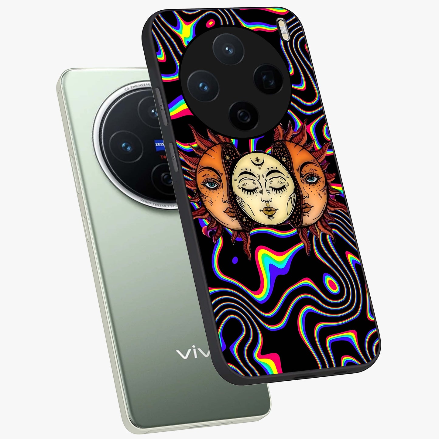 Psychedelic Sun Glass Case displayed in angled mockup highlighting vibrant abstract sun design with artistic aesthetic style.
