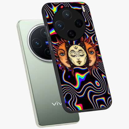 Psychedelic Sun Glass Case displayed in angled mockup highlighting vibrant abstract sun design with artistic aesthetic style.