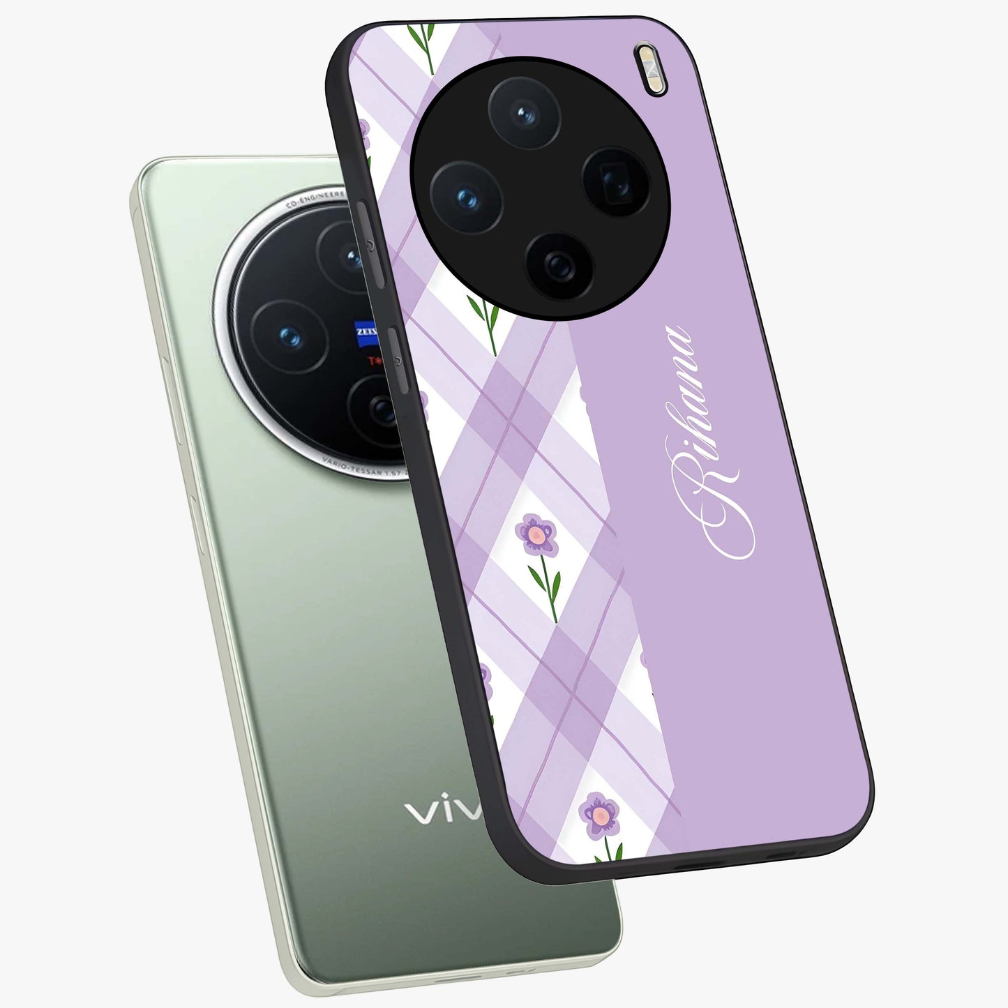 Purple Diamond Floral Glass Case displayed in angled mockup highlighting elegant purple flower design with decorative pattern.