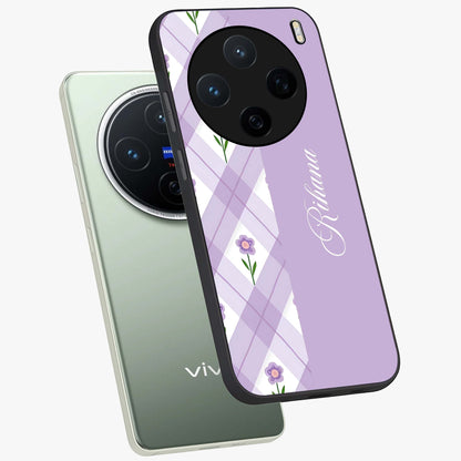 Purple Diamond Floral Glass Case displayed in angled mockup highlighting elegant purple flower design with decorative pattern.