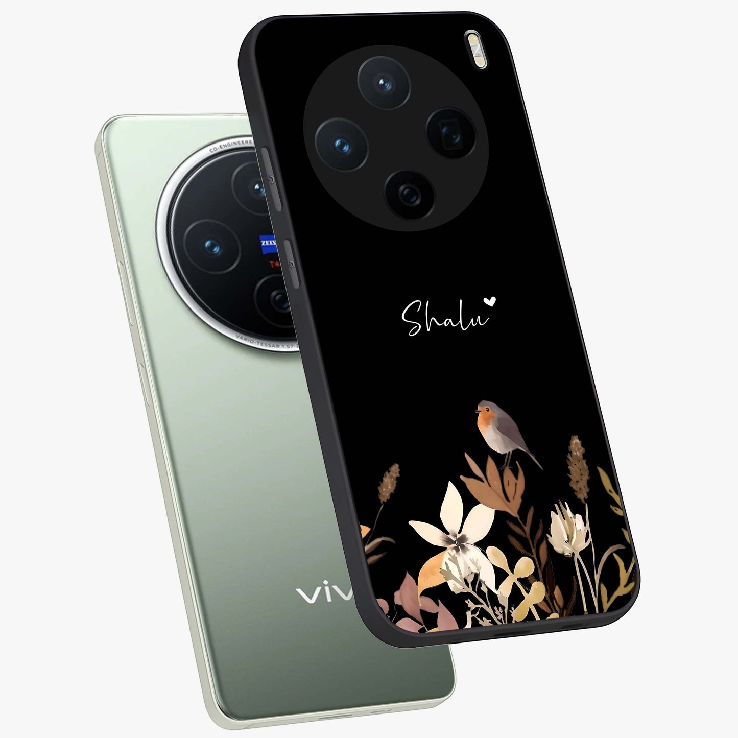 Quiet Garden Tune Custom Name Glass Case displayed in angled mockup highlighting delicate floral garden design with custom name feature.