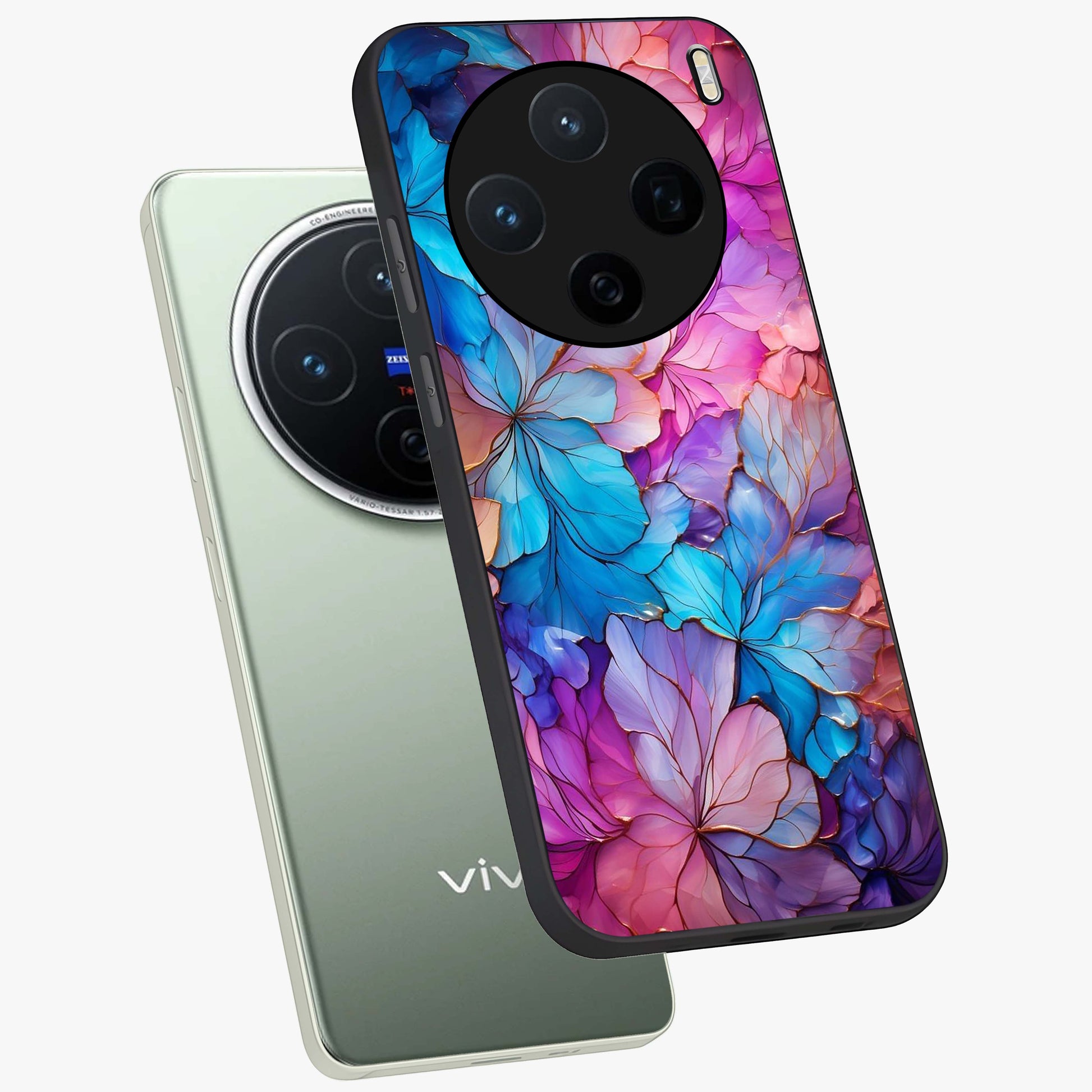 Radiant Floral Whirl Glass Case displayed in angled mockup highlighting vibrant flower pattern with dynamic artistic aesthetic.