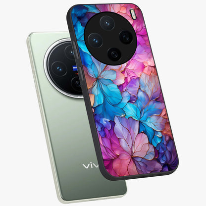 Radiant Floral Whirl Glass Case displayed in angled mockup highlighting vibrant flower pattern with dynamic artistic aesthetic.