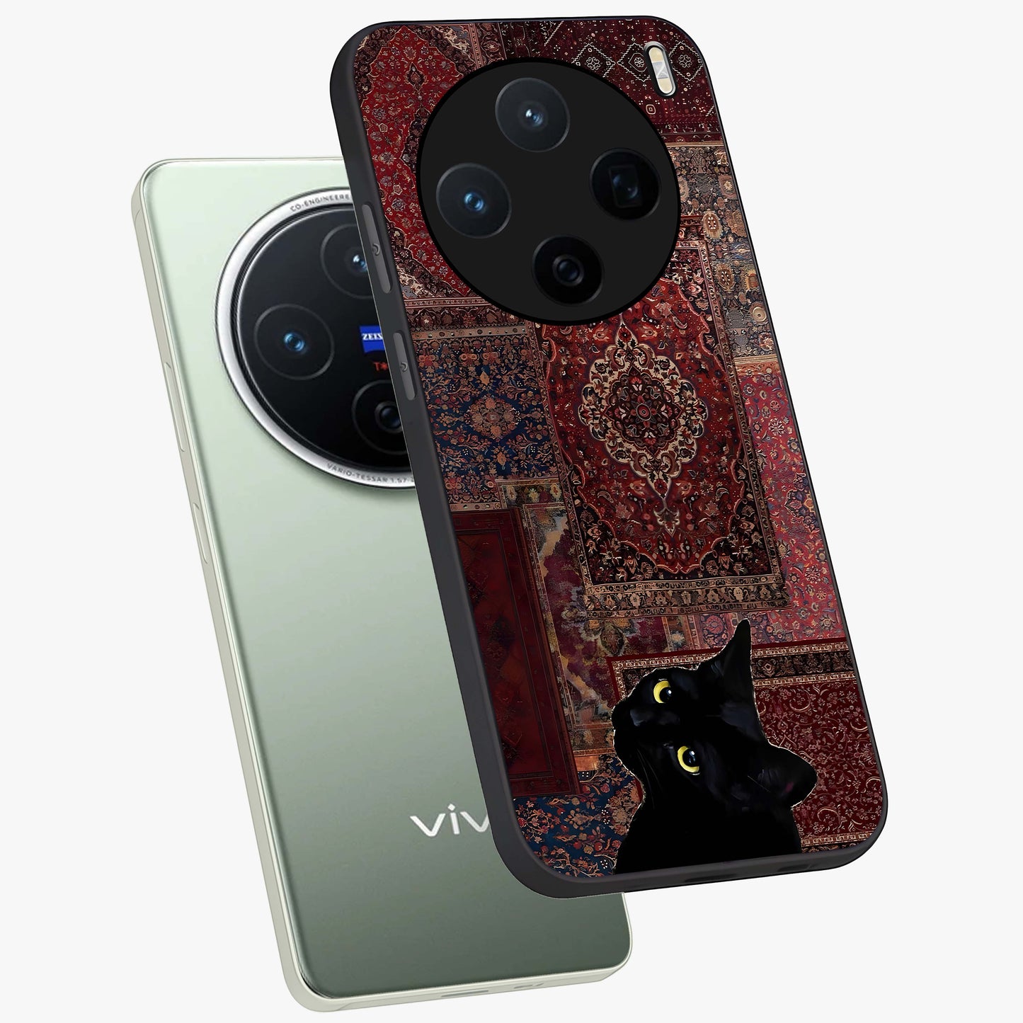Regal Magic Cat Apple Glass Case displayed in angled mockup highlighting whimsical feline design with fantasy aesthetic.