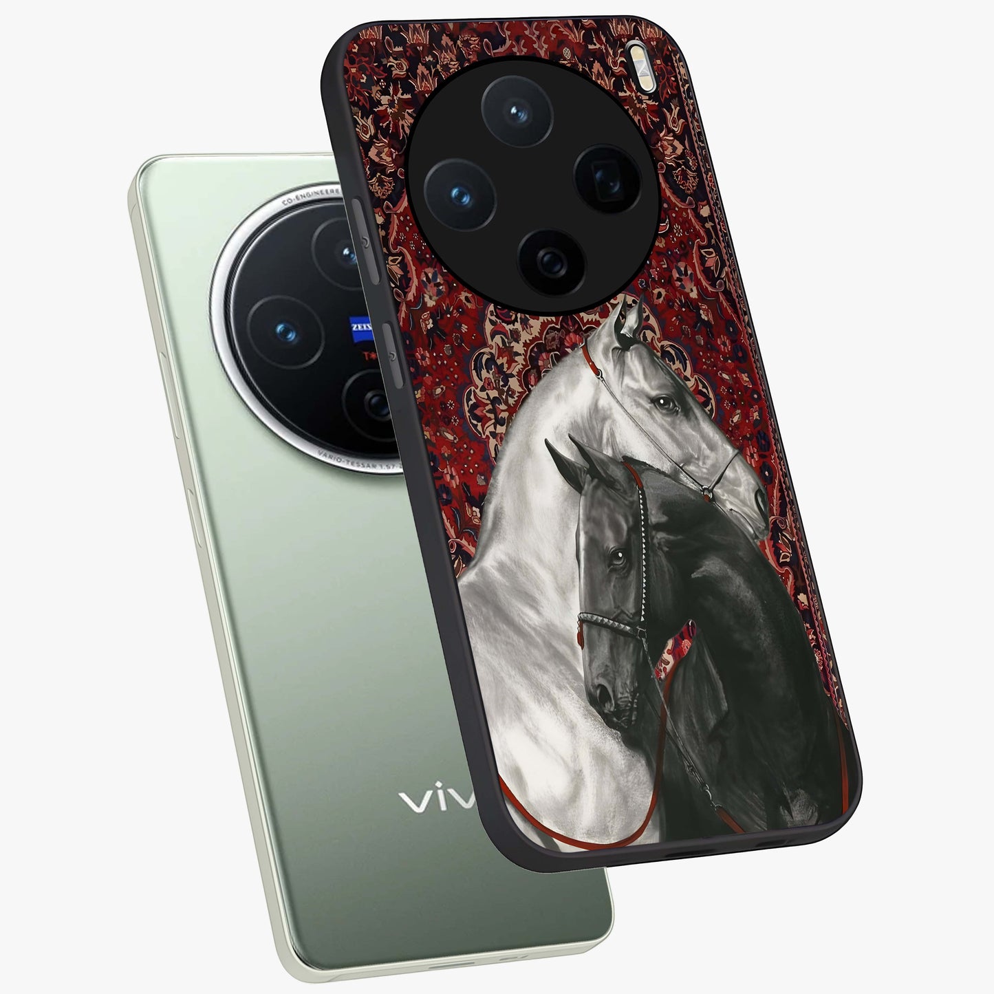 Regal Stallion Tapestry Glass Case displayed in angled mockup highlighting royal stallion design with decorative heritage aesthetic.