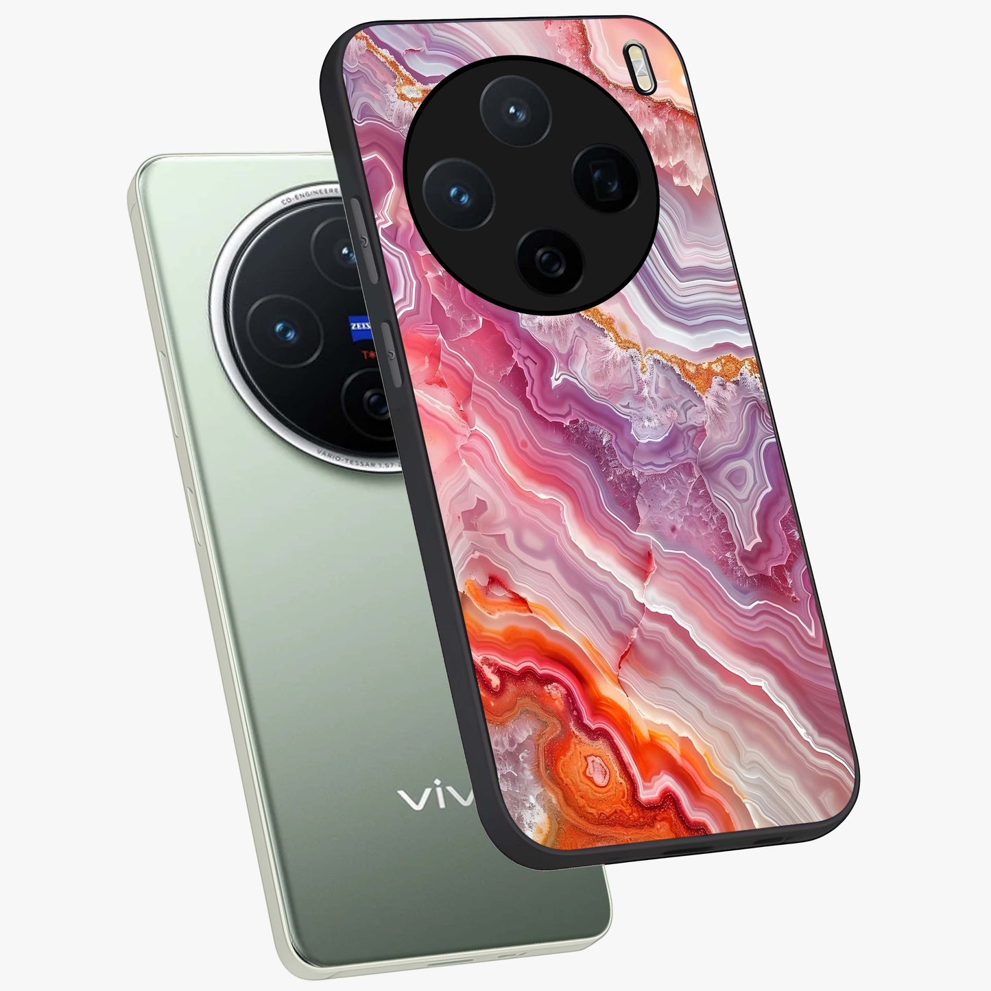 Rose Quartz Marble Glass Case displayed in angled mockup highlighting elegant marble pattern with soft aesthetic style.
