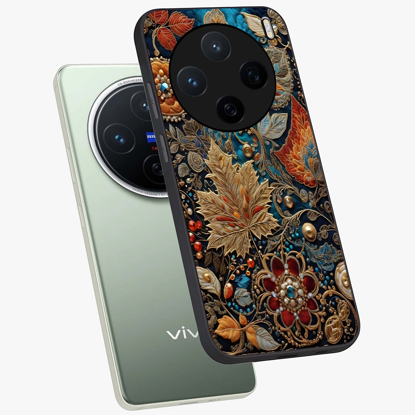 Royal Jewel Garden Glass Case displayed in angled mockup highlighting vibrant jewel inspired floral design with elegant aesthetic.