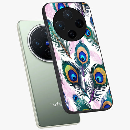 Royal Peacock Feathers Glass Case displayed in angled mockup highlighting vibrant feather pattern with regal aesthetic style.