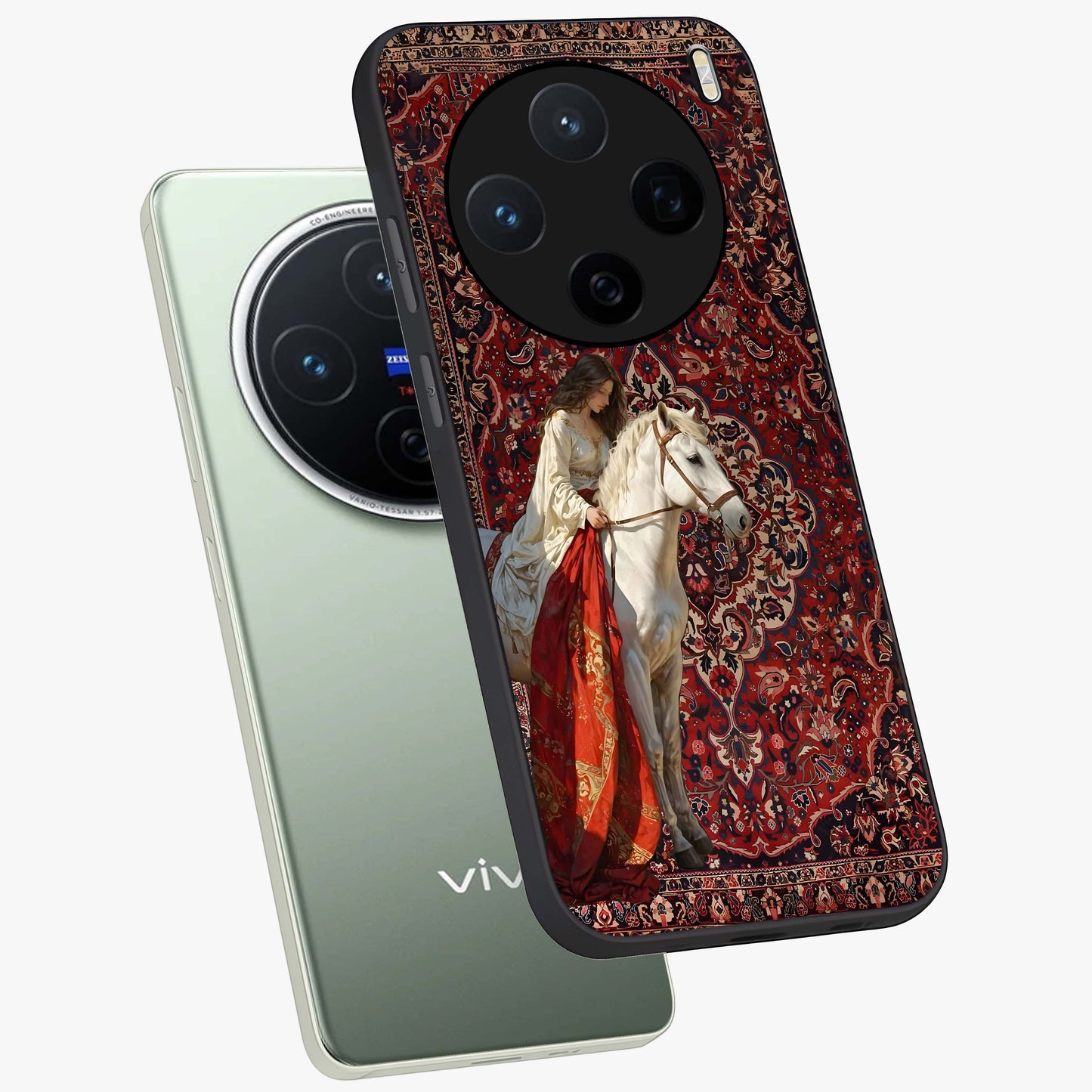 Royal Rider Tapestry Glass Case displayed in angled mockup highlighting traditional tapestry design with royal heritage aesthetic.