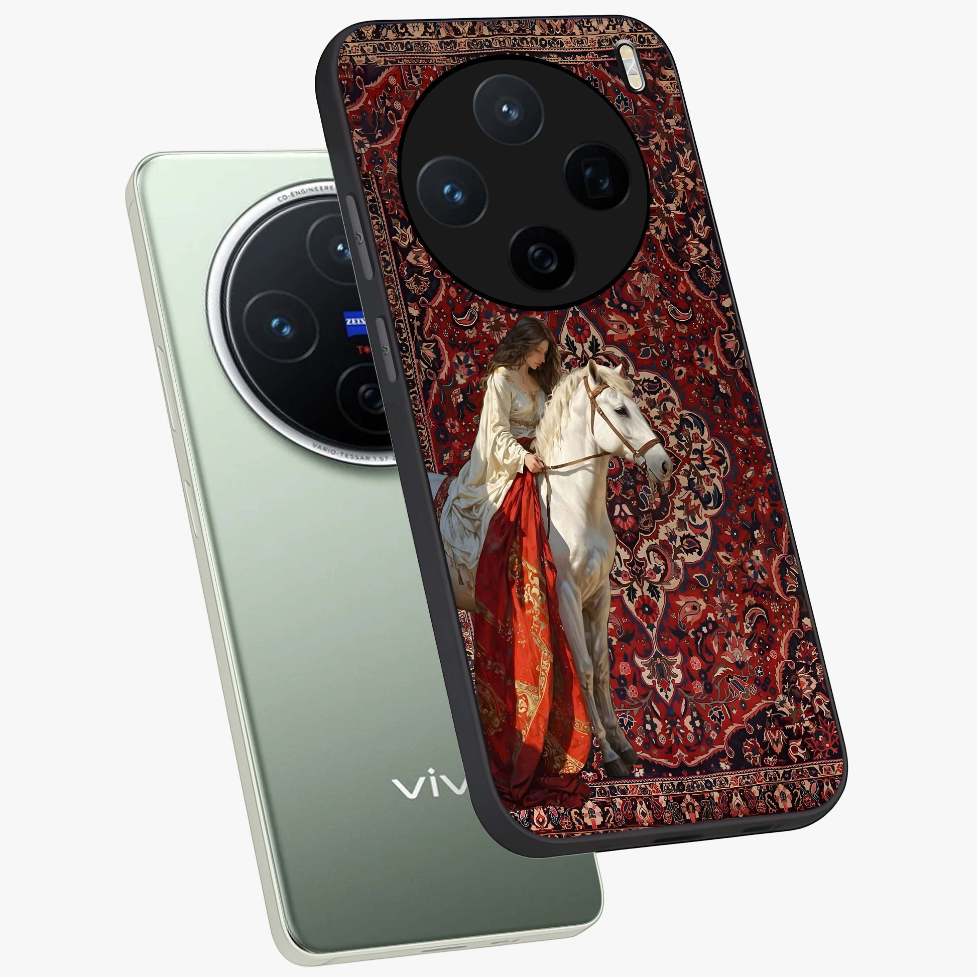 Royal Rider Tapestry Glass Case displayed in angled mockup highlighting traditional tapestry design with royal heritage aesthetic.